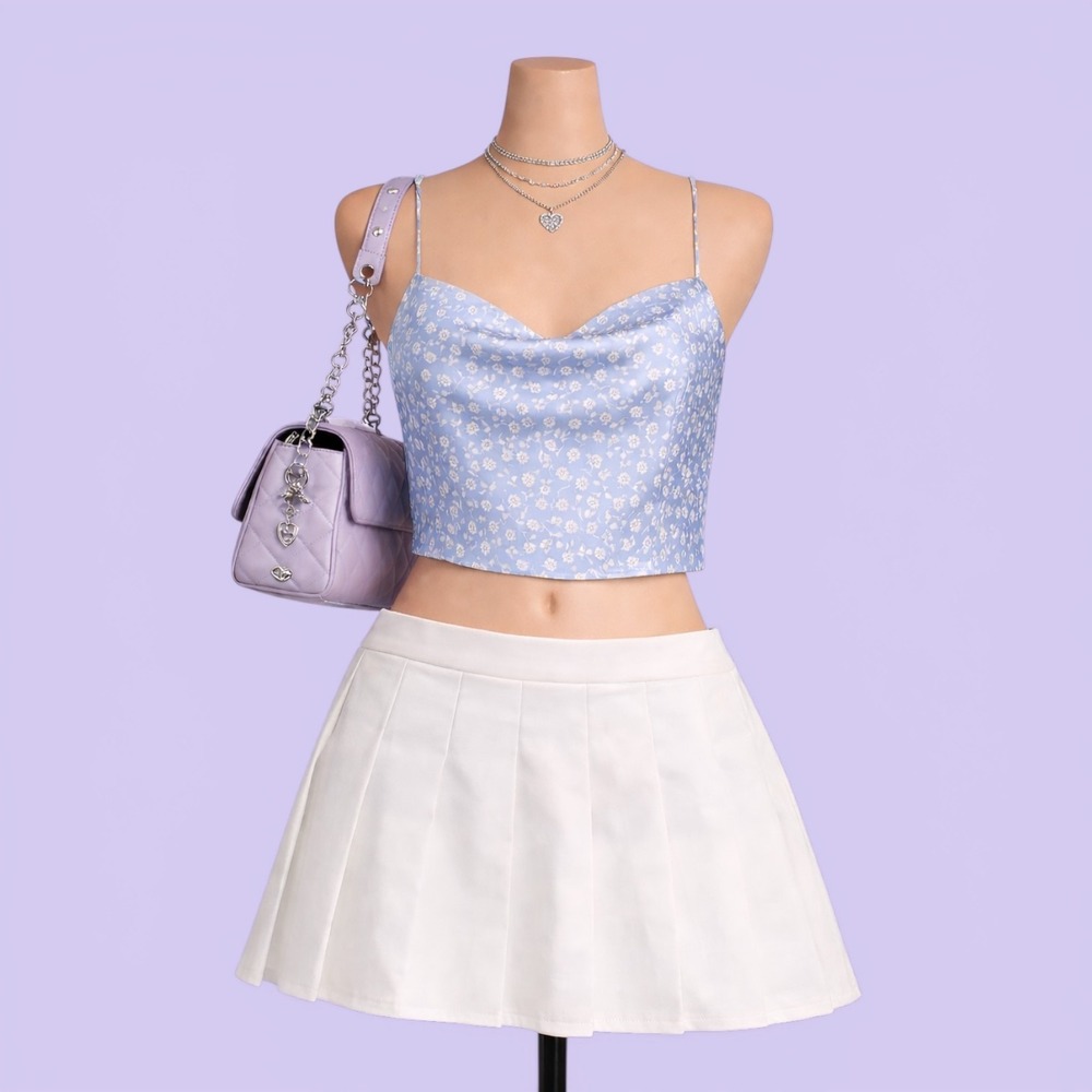 Garage Blue Floral Lace Up Cami Top Size P/S Y2K Coquette Summer Boho Open Back
